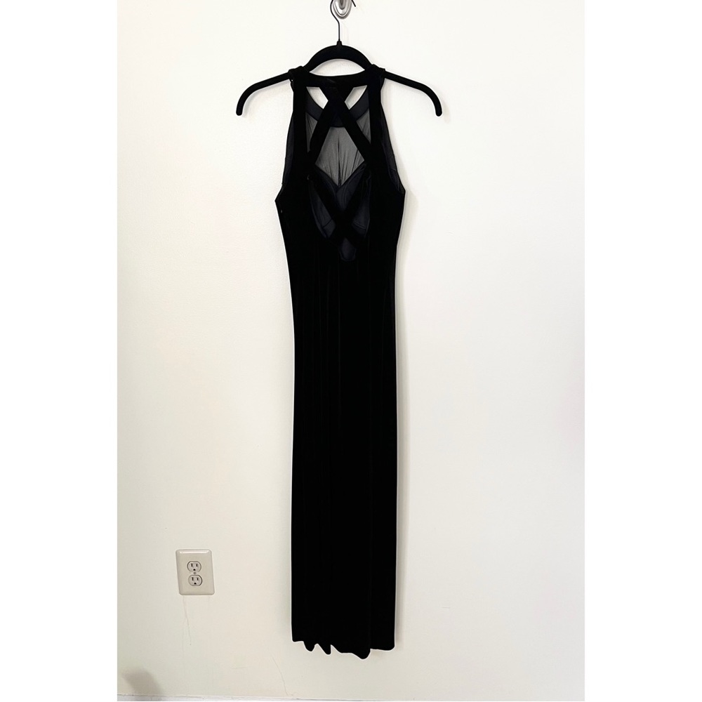 Vintage 90s Faviana New York black velvet mesh strap evening dress size 3/4